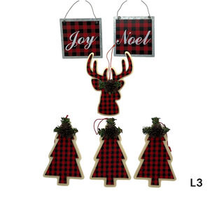 Farmhouse Christmas 6 Ornaments Red Black Buffalo Plaid Reindeer Tree Metal Sign